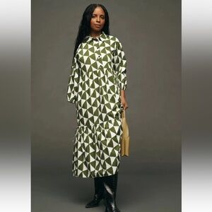 Anthropologie Maeve Bettina,Green 
In Traingles,Cotton Shirt Dress, Size
M